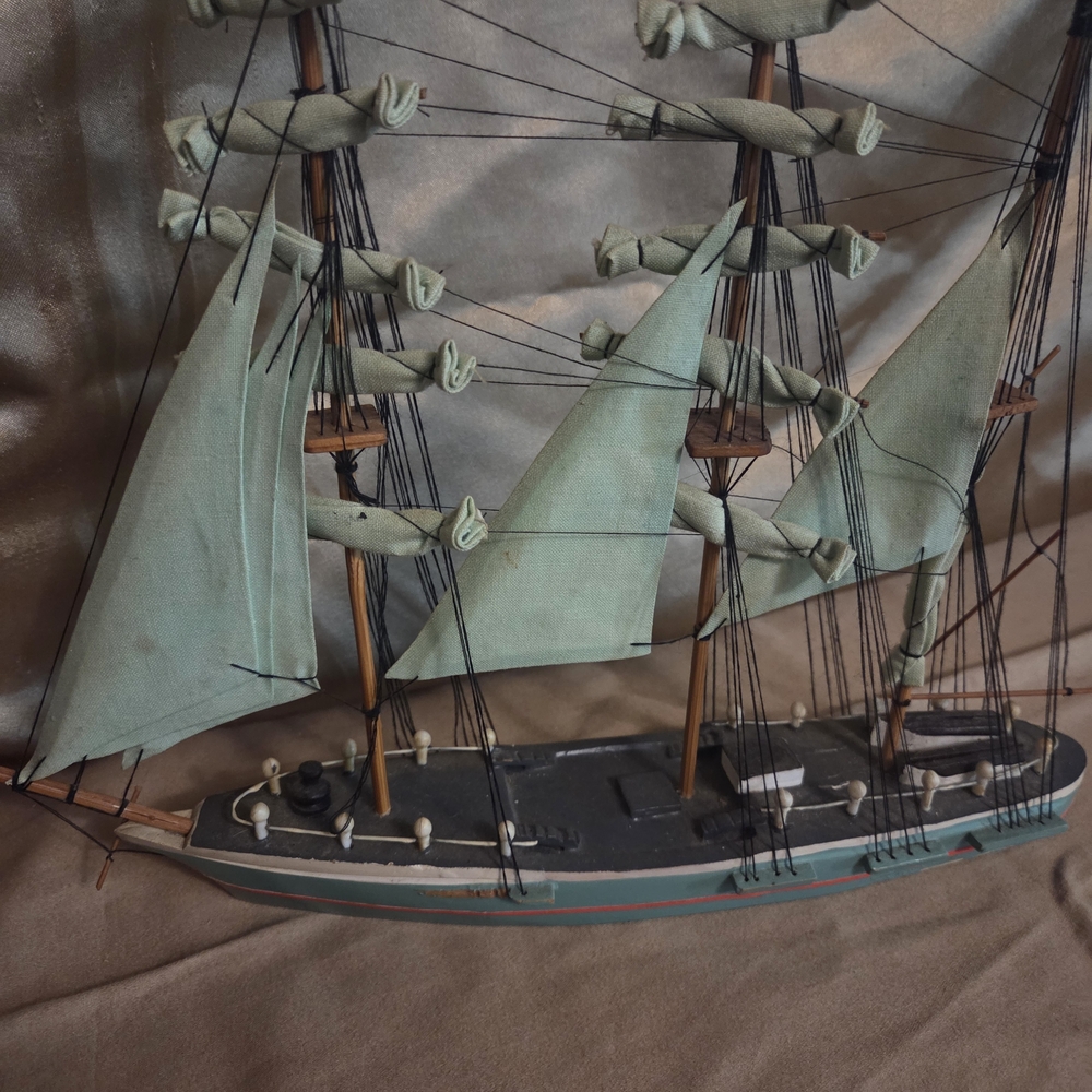 Vintage Brigantine Model Ship Nautical Coastal Home Decor Green Sails Wood Accen